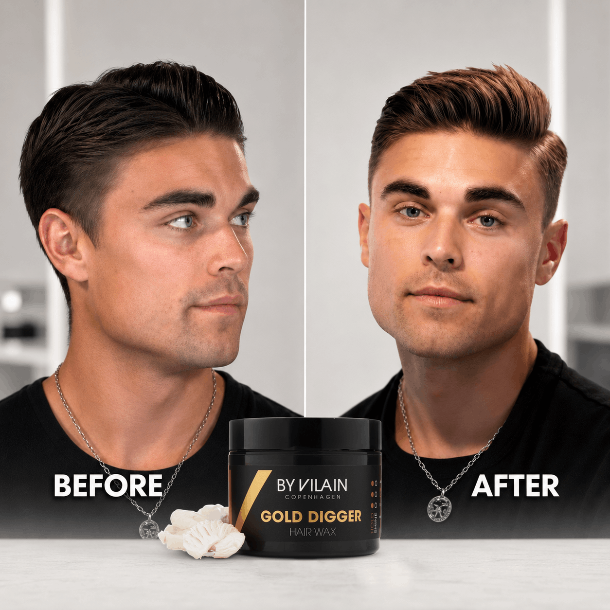 Before-and-after men’s hairstyle transformation with a structured quiff and strong definition, featuring 