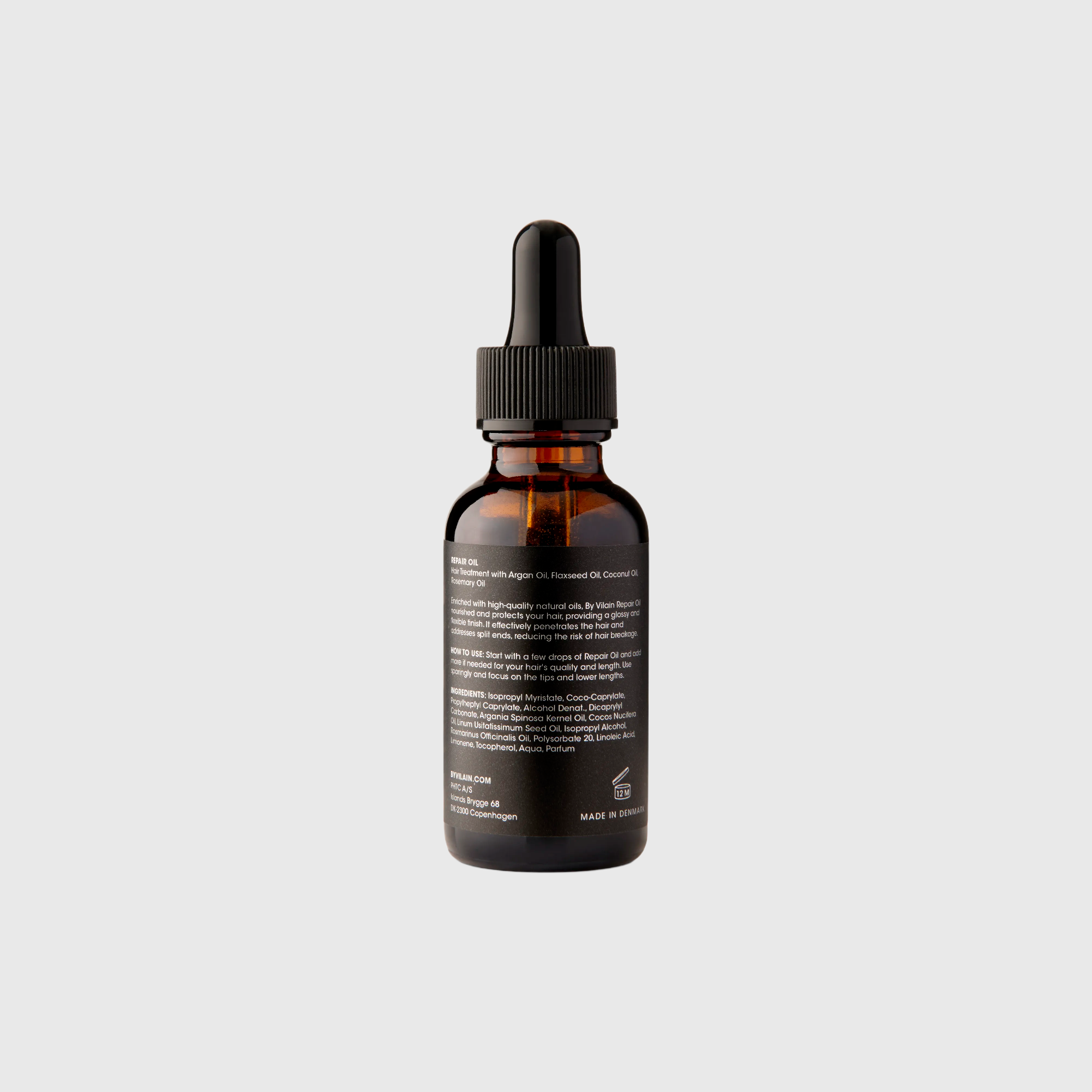 Back view of By Vilain Repair Oil - Argan Hair Treatment bottle with ingredient list and dropper cap. Ideal for nourishing dry, damaged hair.